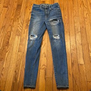 American Eagle distressed medium wash super super stretch Super Hi-rise Jegging